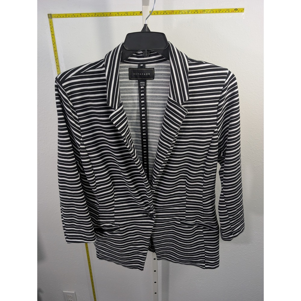 Metaphor Womens Black White Striped Knit Blazer Jacket Size XL Single Button